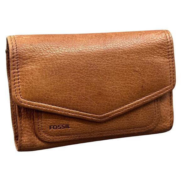 Fossil Genuine Leather Wallet Medium Brown Trifold Organizer Card Coin Snap - Picture 1 of 16